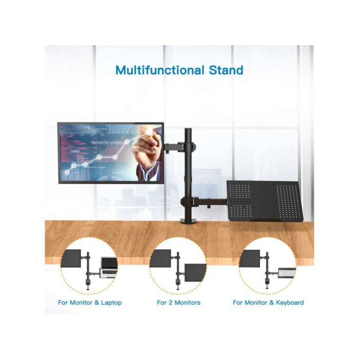 Monitor Stand with Keyboard Tray - Adjustable Desk Mount Laptop Holder with  Clamp and Grommet Mounting Base for 13 to 27 Inch LCD Computer Screens Up  to 22lbs, Notebook up to 15.6”